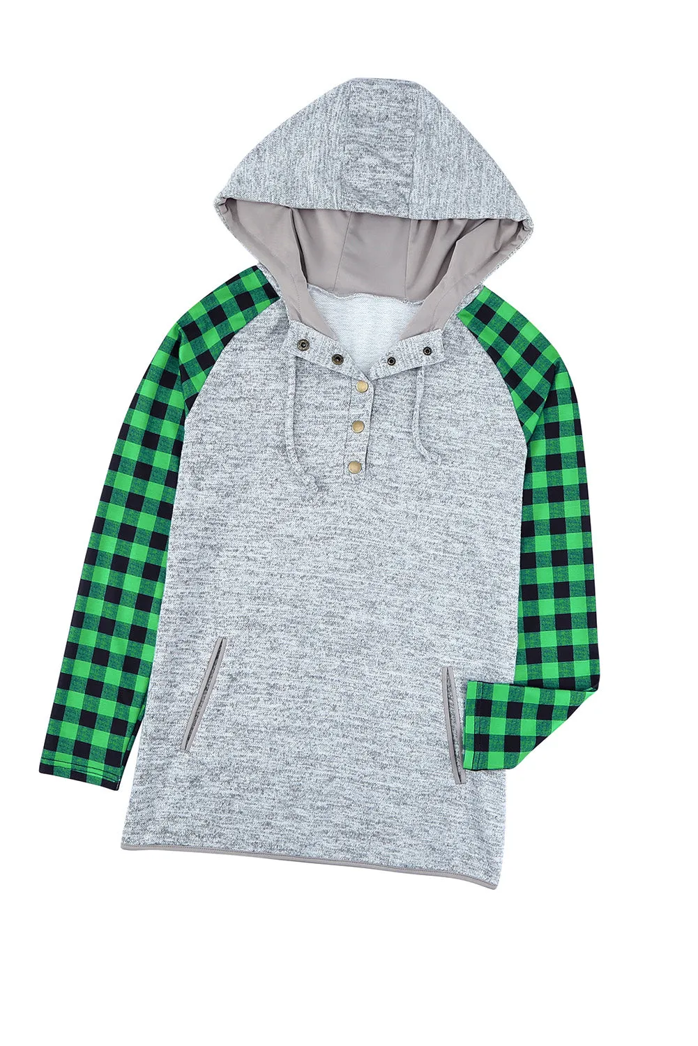 Womens Splicing Kangaroo Pocket Buttoned Plaid Hoodie