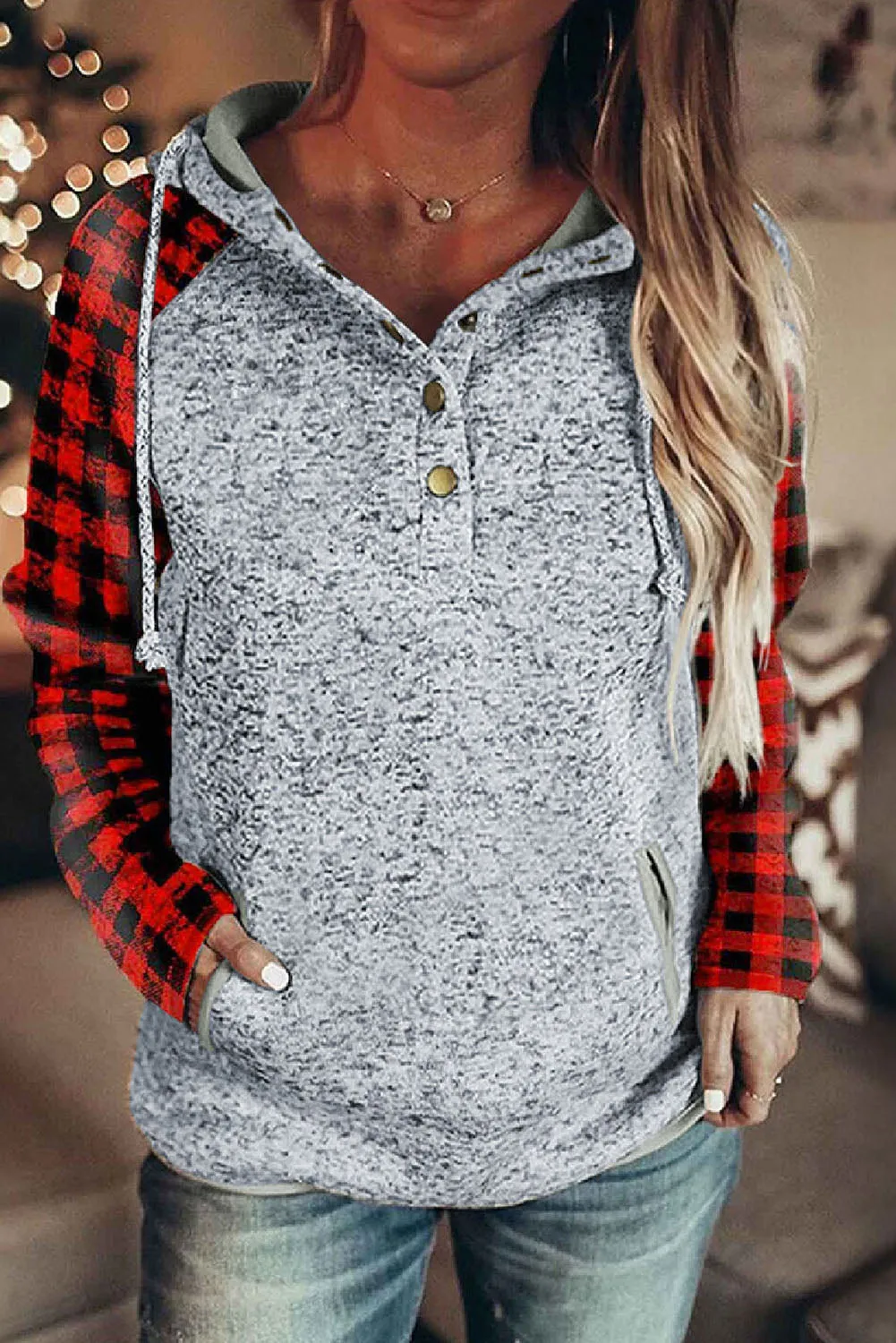 Womens Splicing Kangaroo Pocket Buttoned Plaid Hoodie