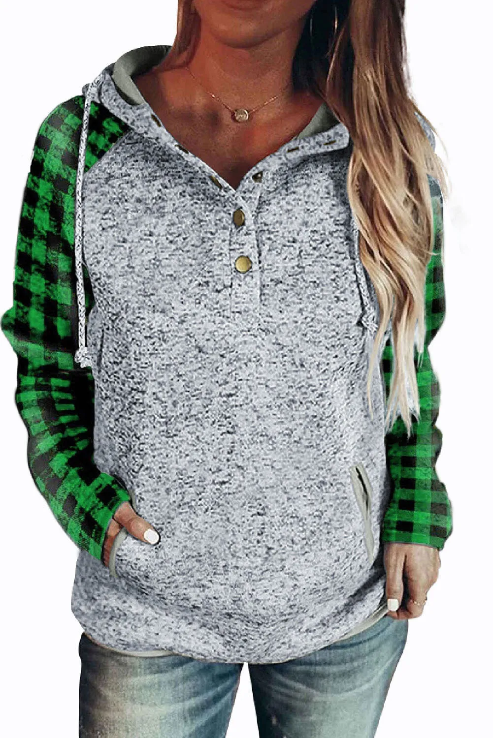 Womens Splicing Kangaroo Pocket Buttoned Plaid Hoodie