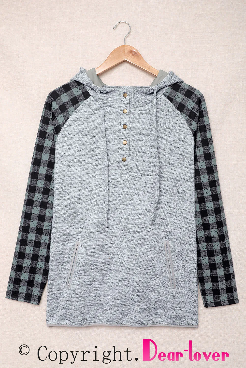 Womens Splicing Kangaroo Pocket Buttoned Plaid Hoodie