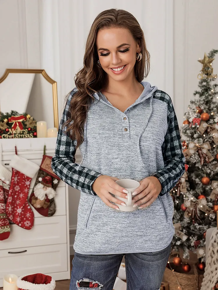 Womens Splicing Kangaroo Pocket Buttoned Plaid Hoodie