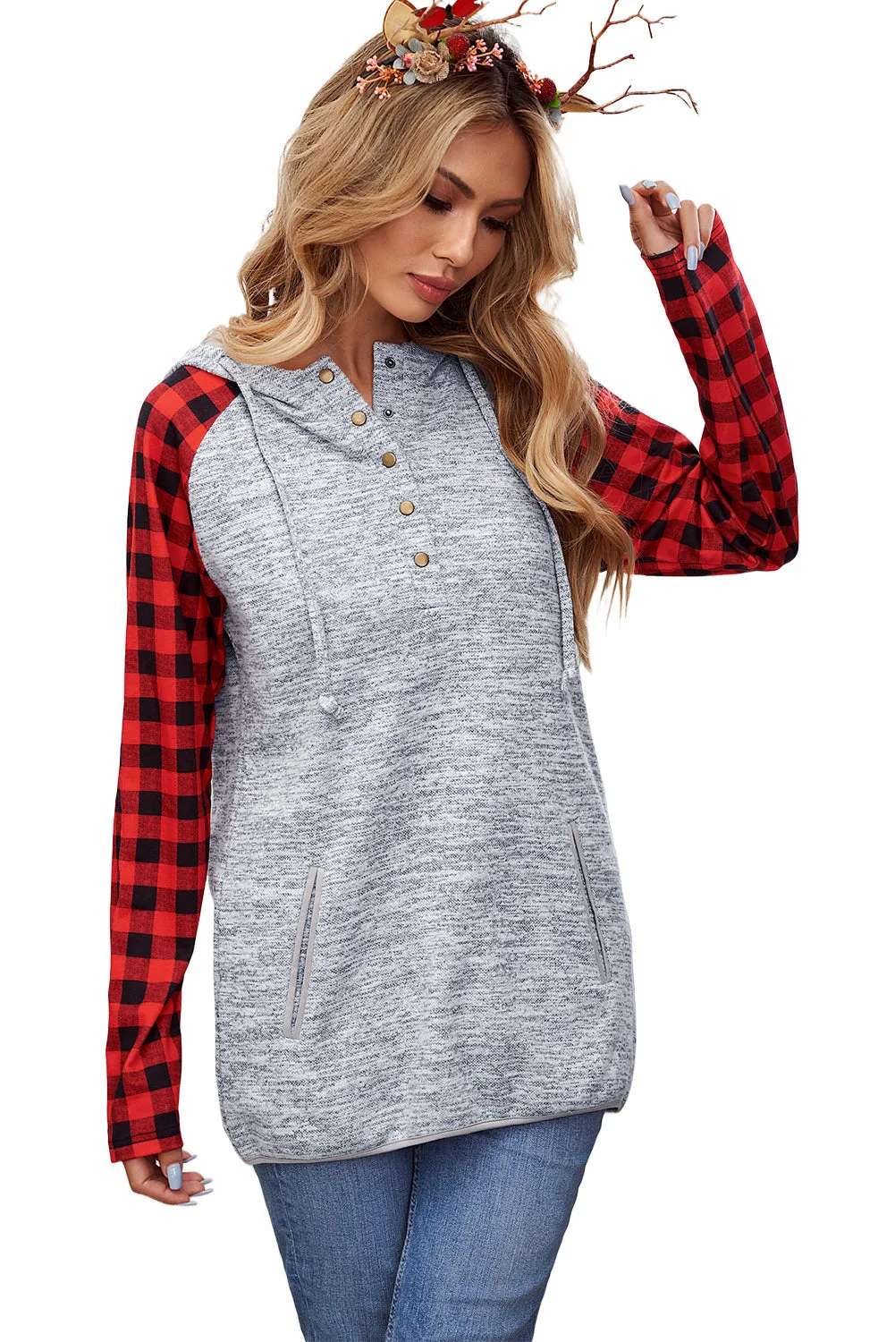 Womens Splicing Kangaroo Pocket Buttoned Plaid Hoodie