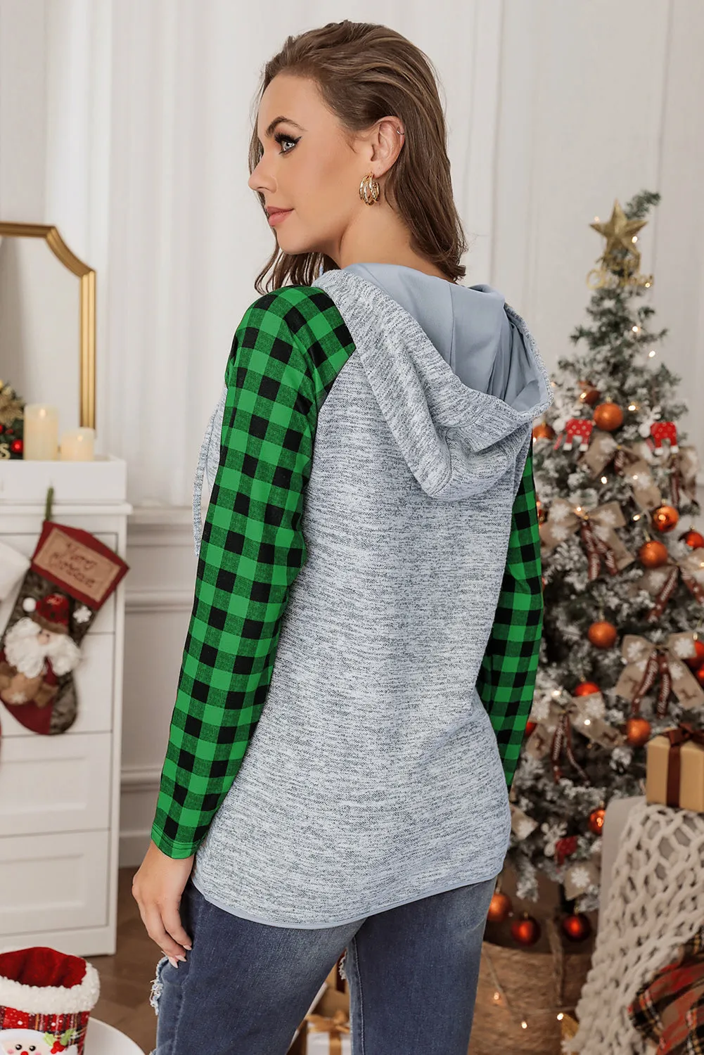 Womens Splicing Kangaroo Pocket Buttoned Plaid Hoodie