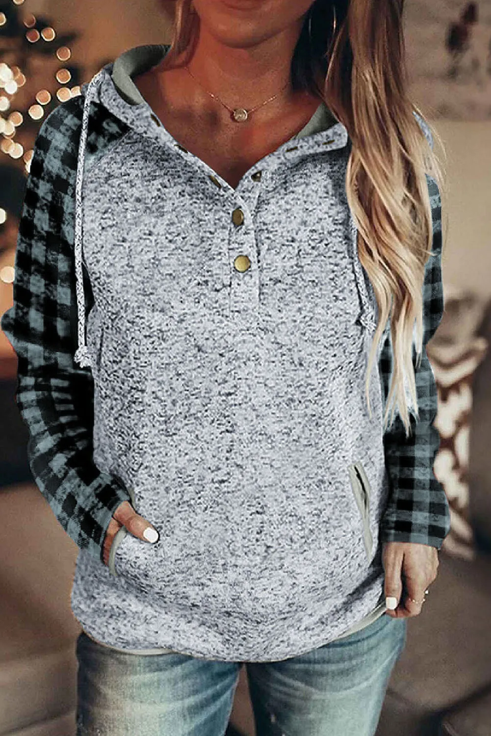 Womens Splicing Kangaroo Pocket Buttoned Plaid Hoodie