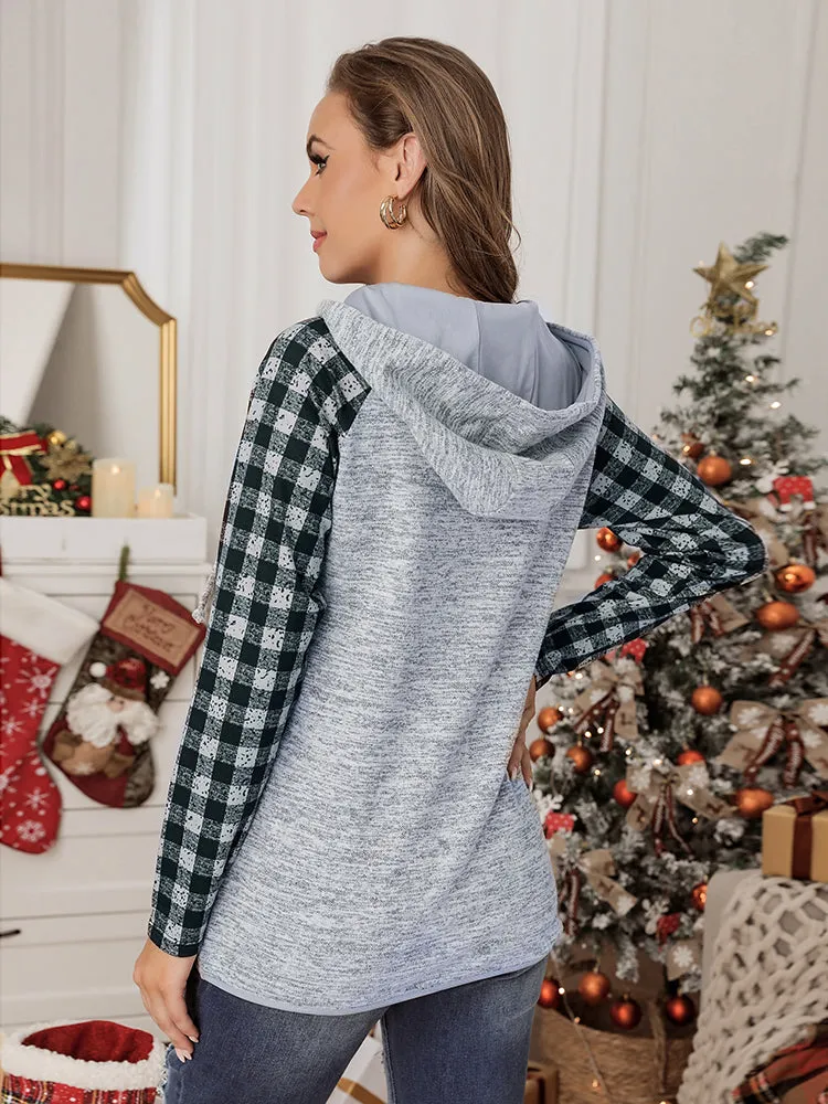 Womens Splicing Kangaroo Pocket Buttoned Plaid Hoodie