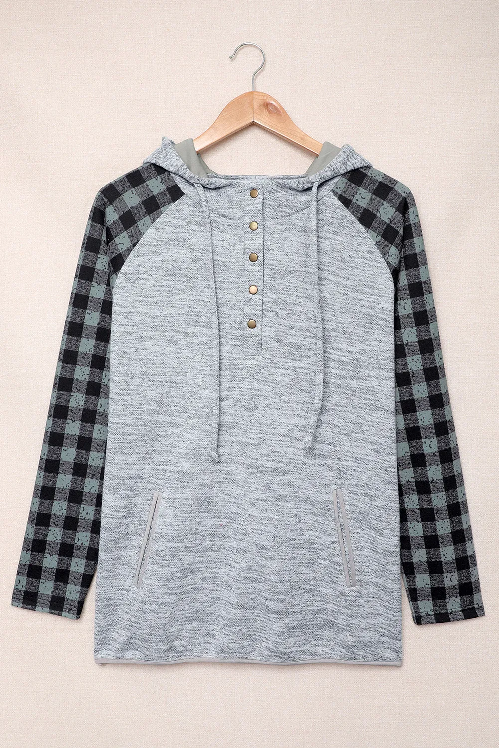 Womens Splicing Kangaroo Pocket Buttoned Plaid Hoodie