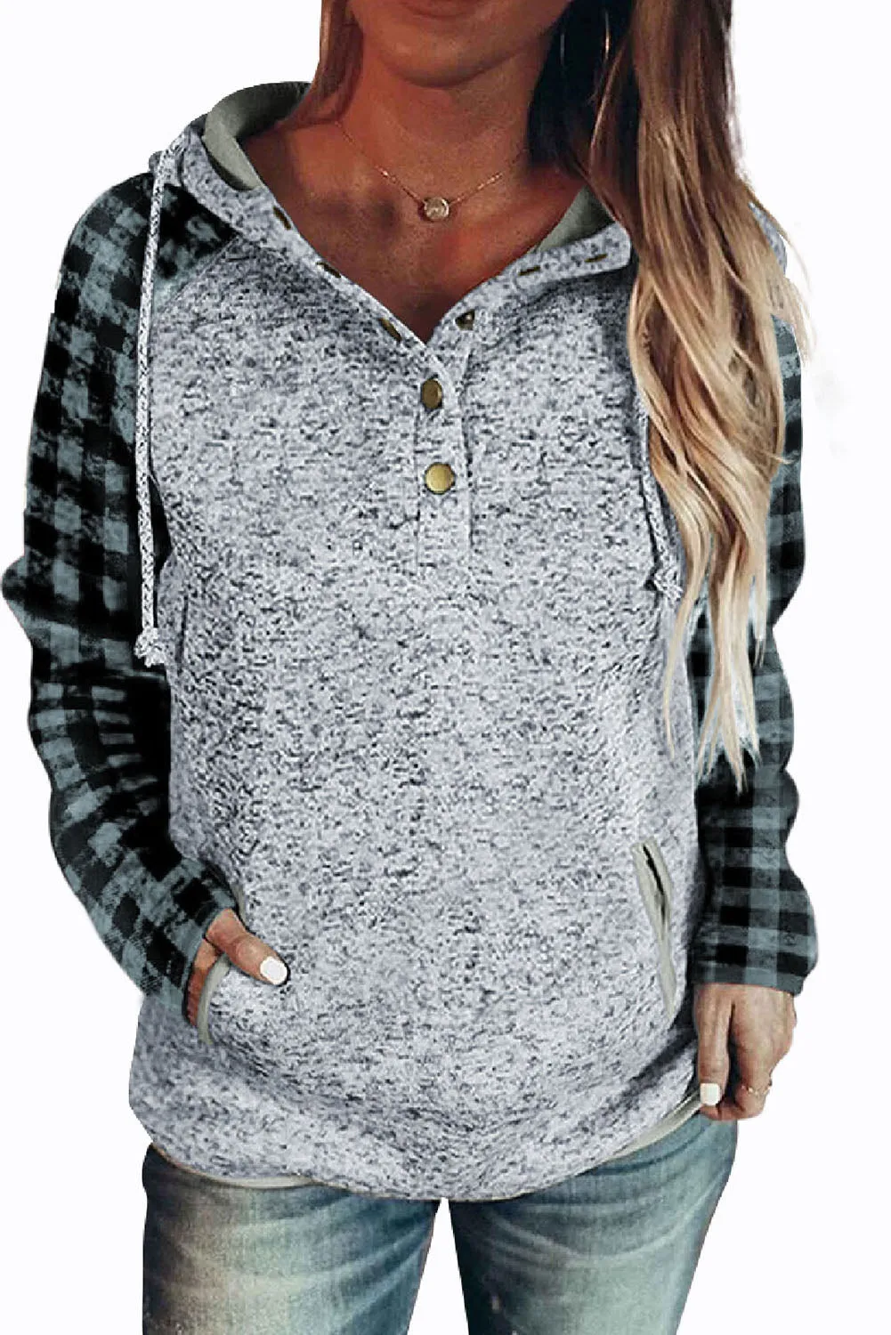 Womens Splicing Kangaroo Pocket Buttoned Plaid Hoodie