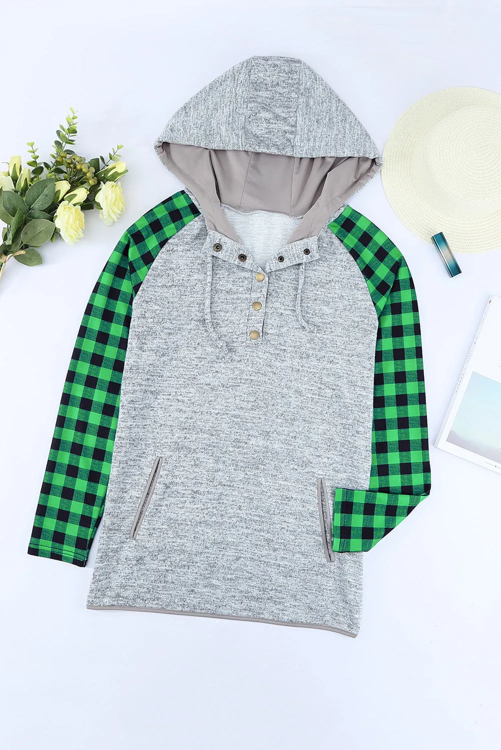 Womens Splicing Kangaroo Pocket Buttoned Plaid Hoodie