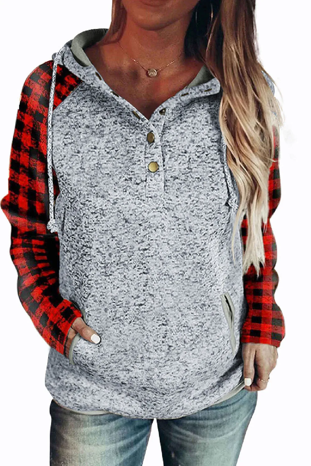 Womens Splicing Kangaroo Pocket Buttoned Plaid Hoodie