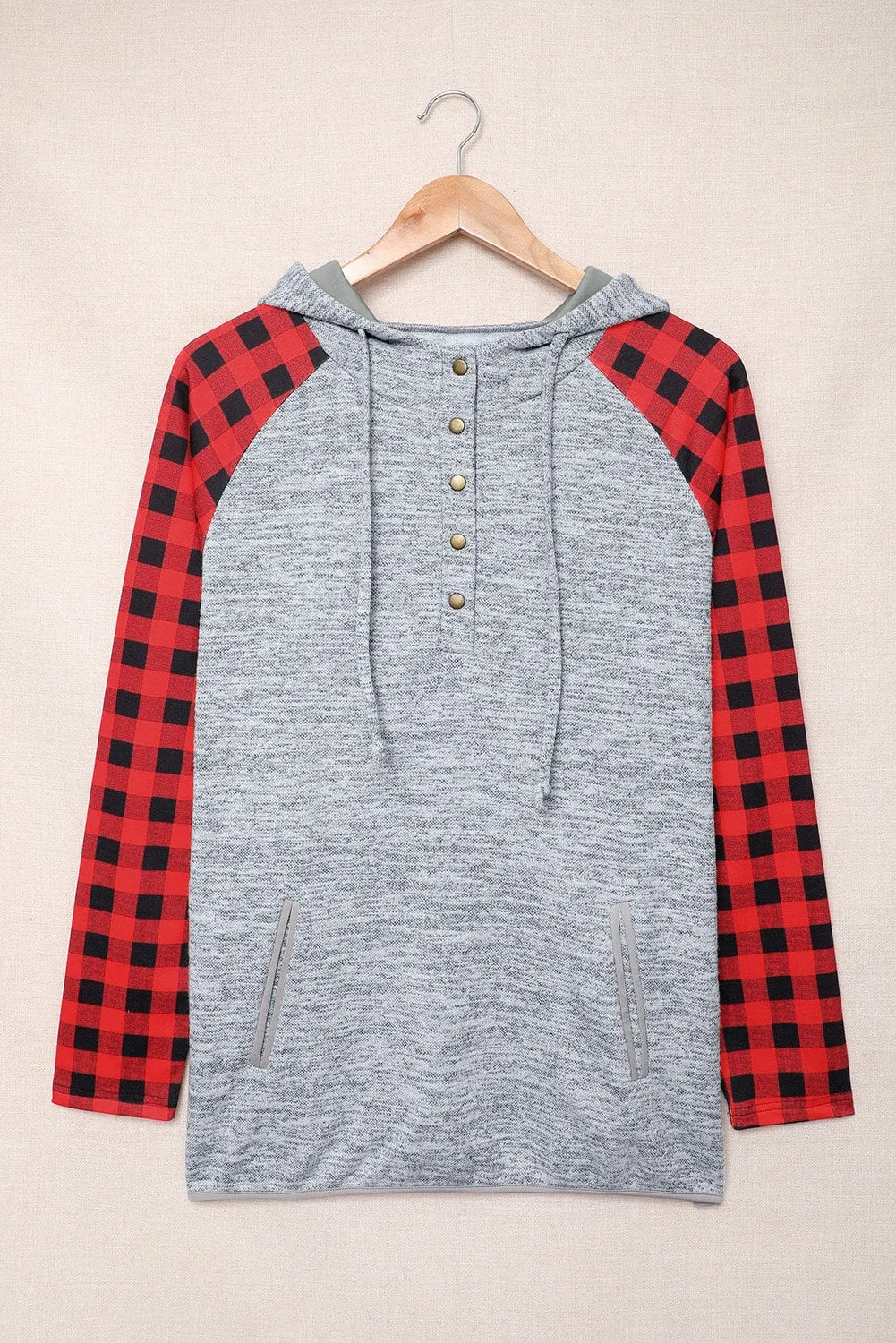 Womens Splicing Kangaroo Pocket Buttoned Plaid Hoodie
