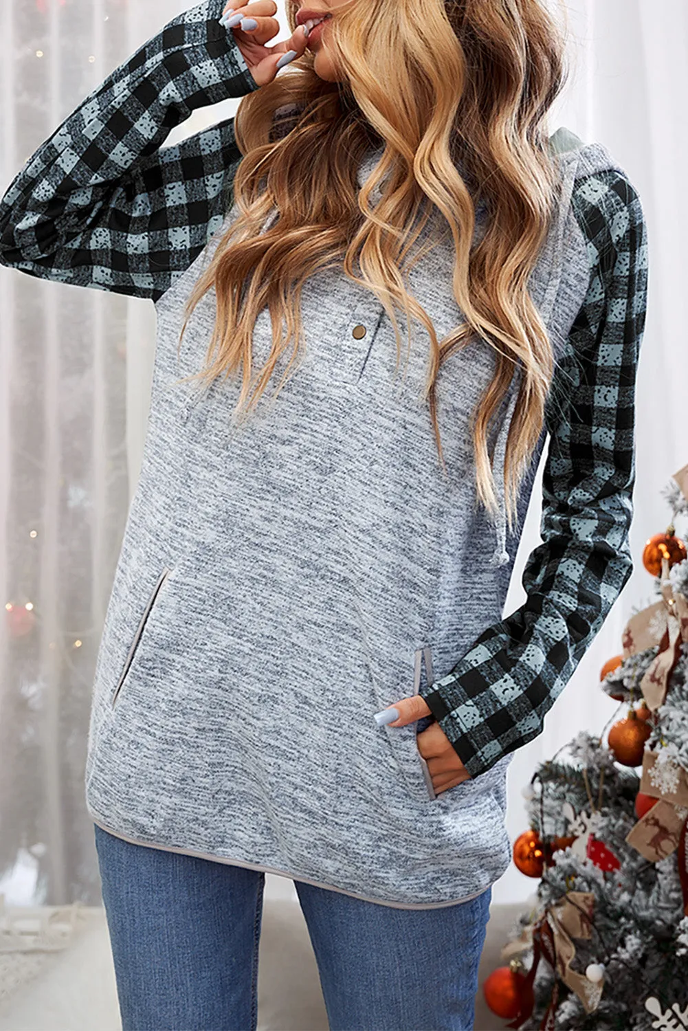 Womens Splicing Kangaroo Pocket Buttoned Plaid Hoodie