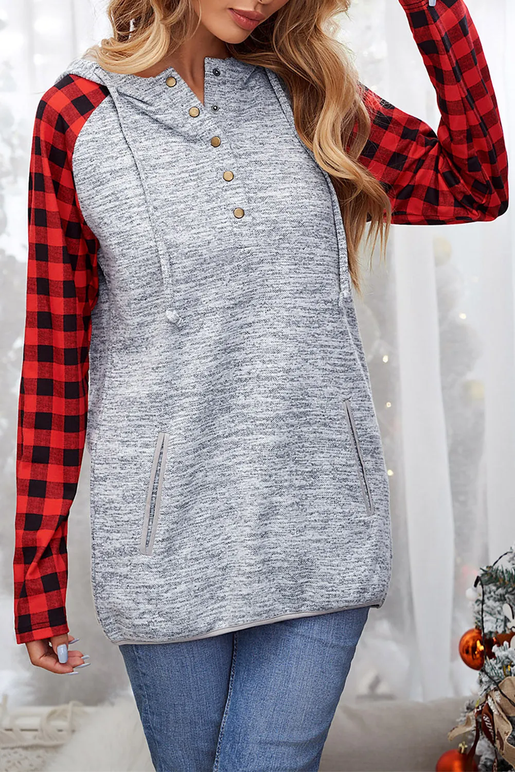 Womens Splicing Kangaroo Pocket Buttoned Plaid Hoodie