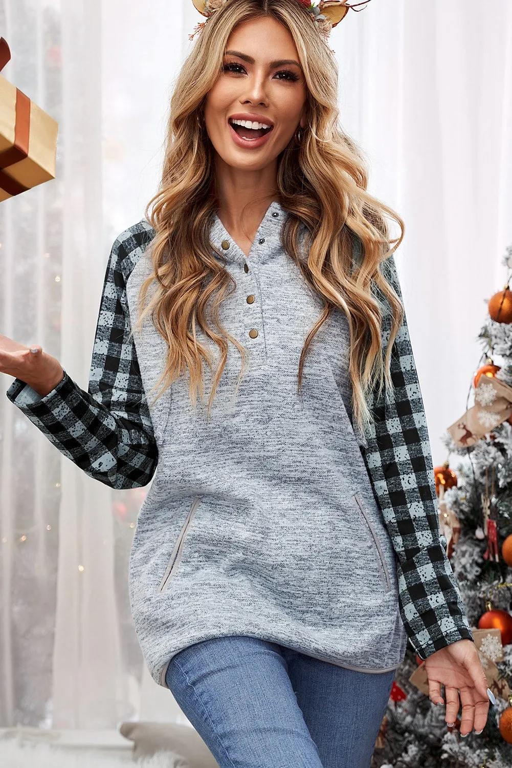 Womens Splicing Kangaroo Pocket Buttoned Plaid Hoodie