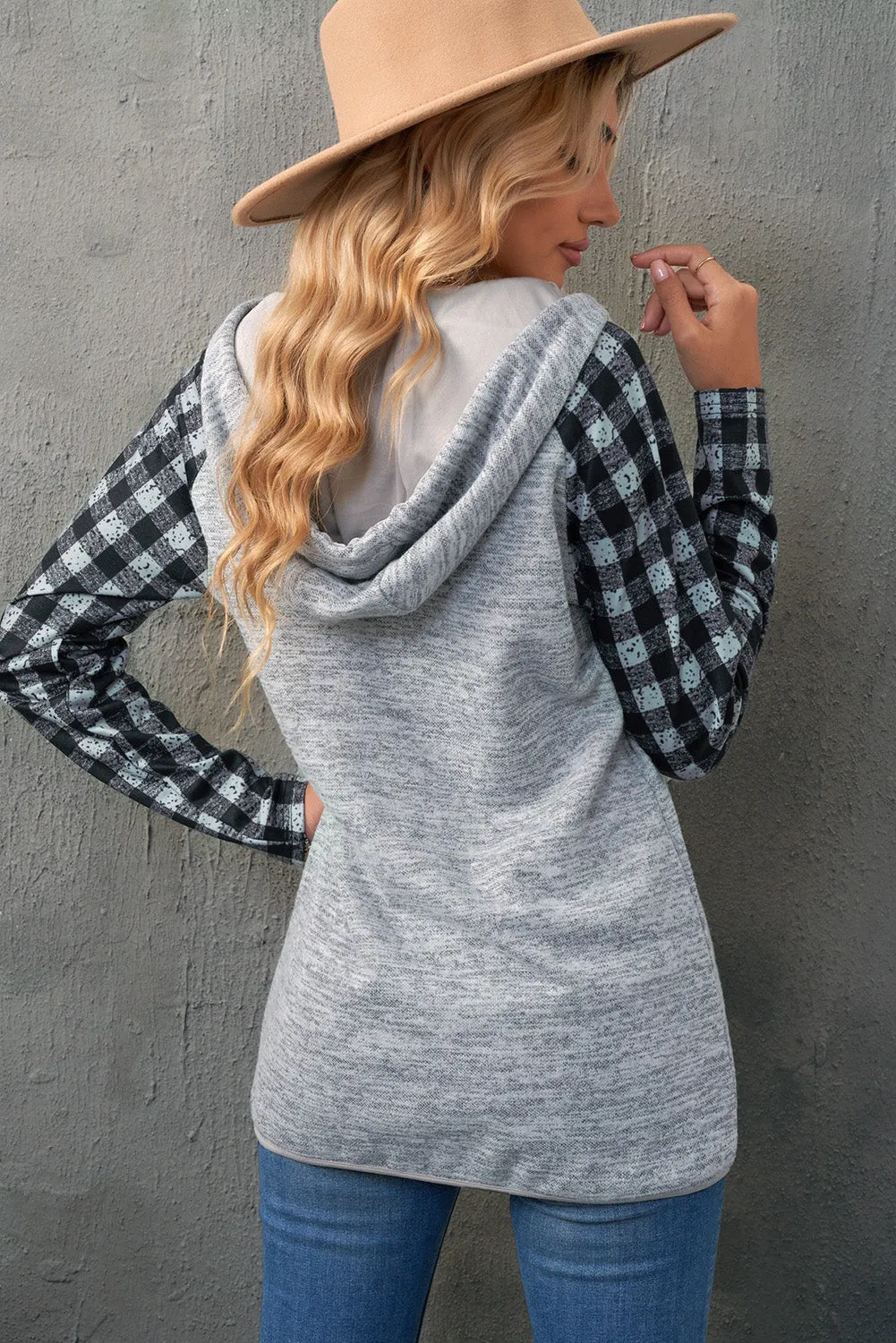 Womens Splicing Kangaroo Pocket Buttoned Plaid Hoodie