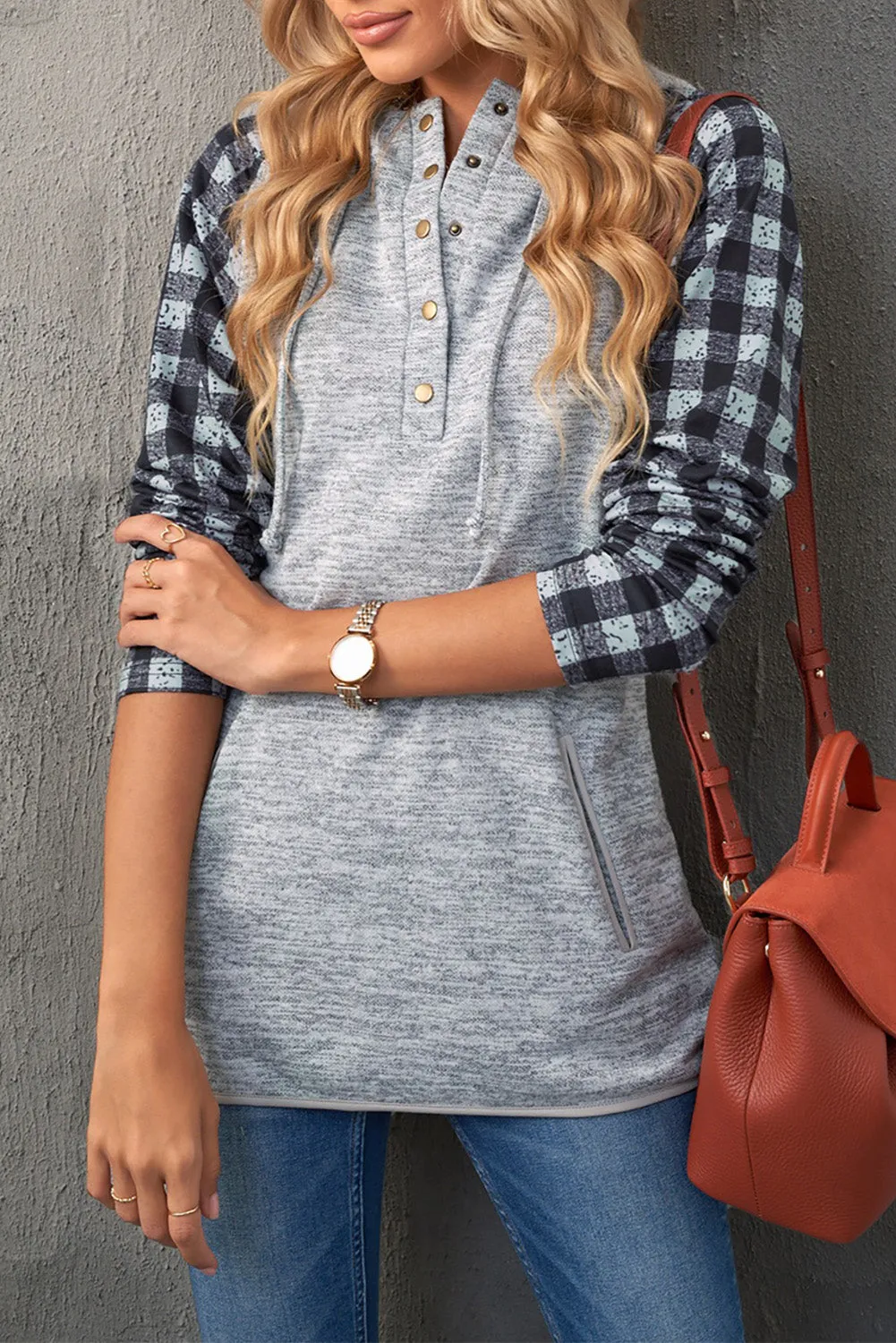 Womens Splicing Kangaroo Pocket Buttoned Plaid Hoodie