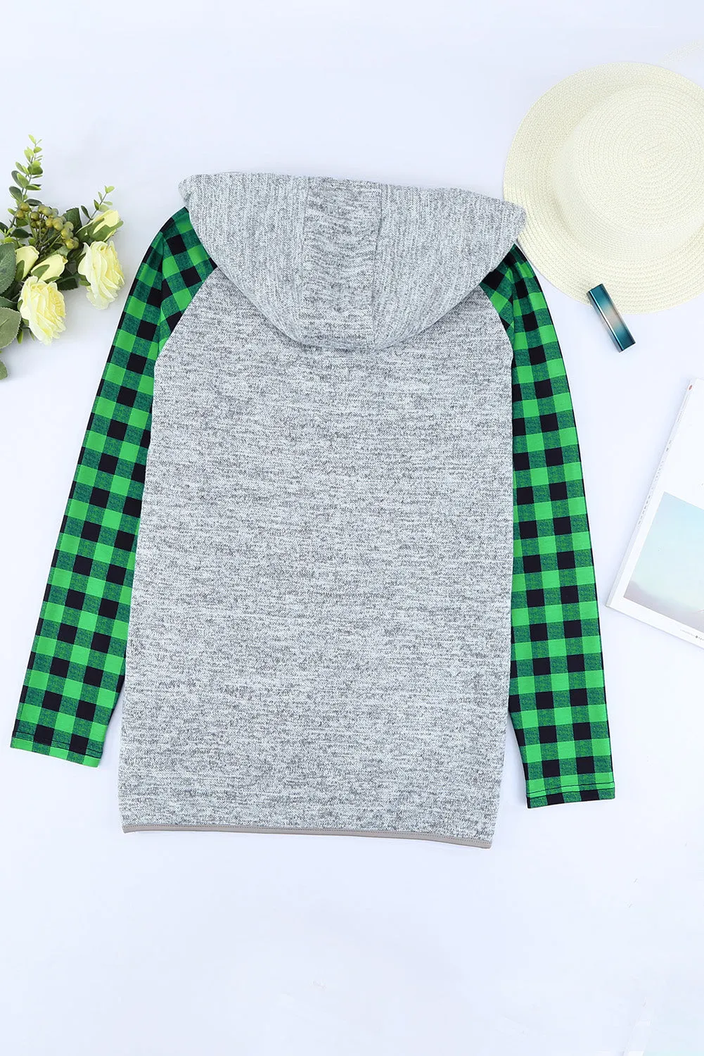 Womens Splicing Kangaroo Pocket Buttoned Plaid Hoodie