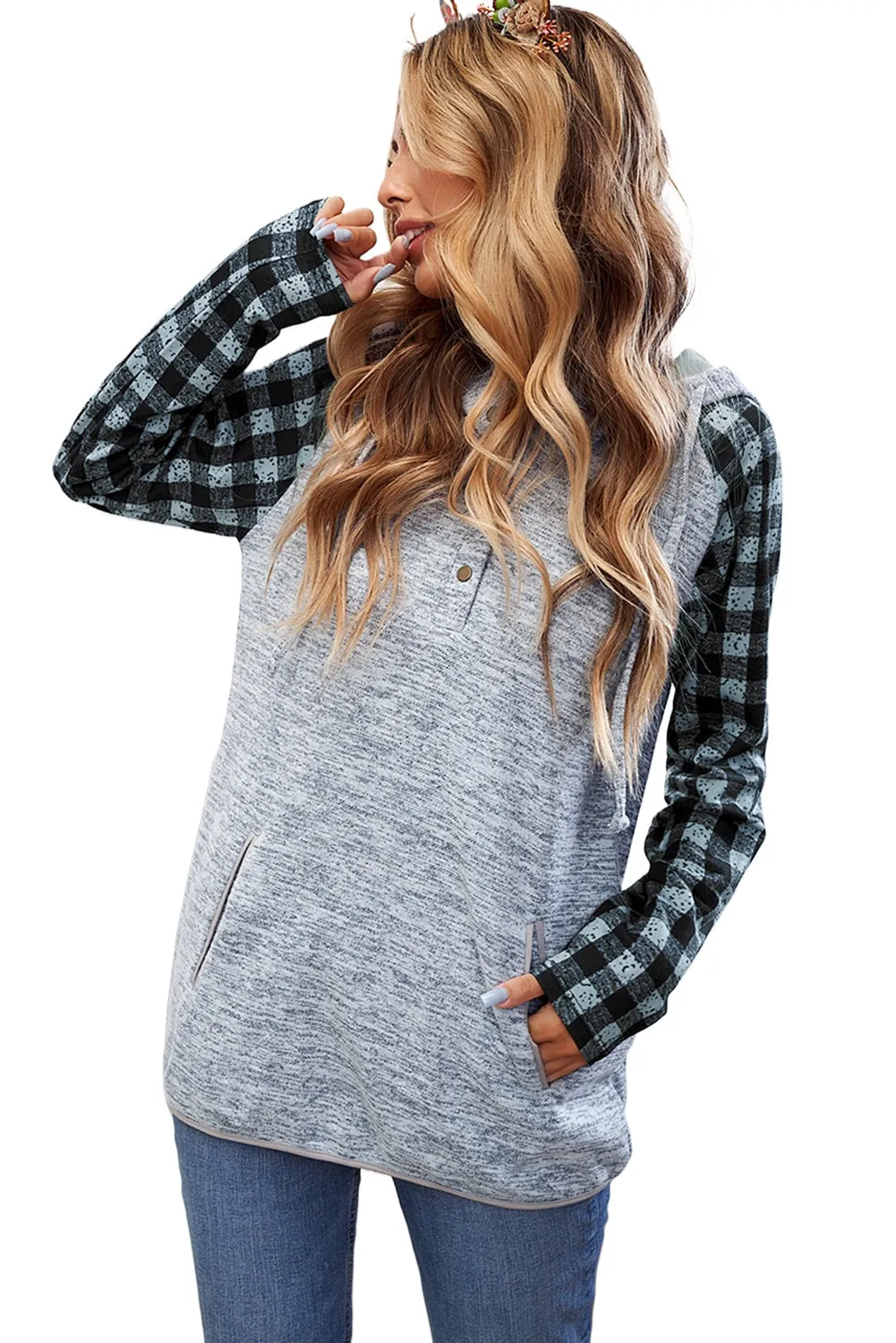 Womens Splicing Kangaroo Pocket Buttoned Plaid Hoodie