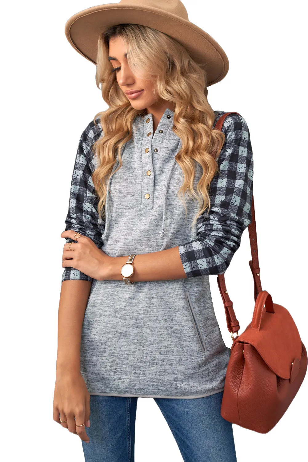 Womens Splicing Kangaroo Pocket Buttoned Plaid Hoodie
