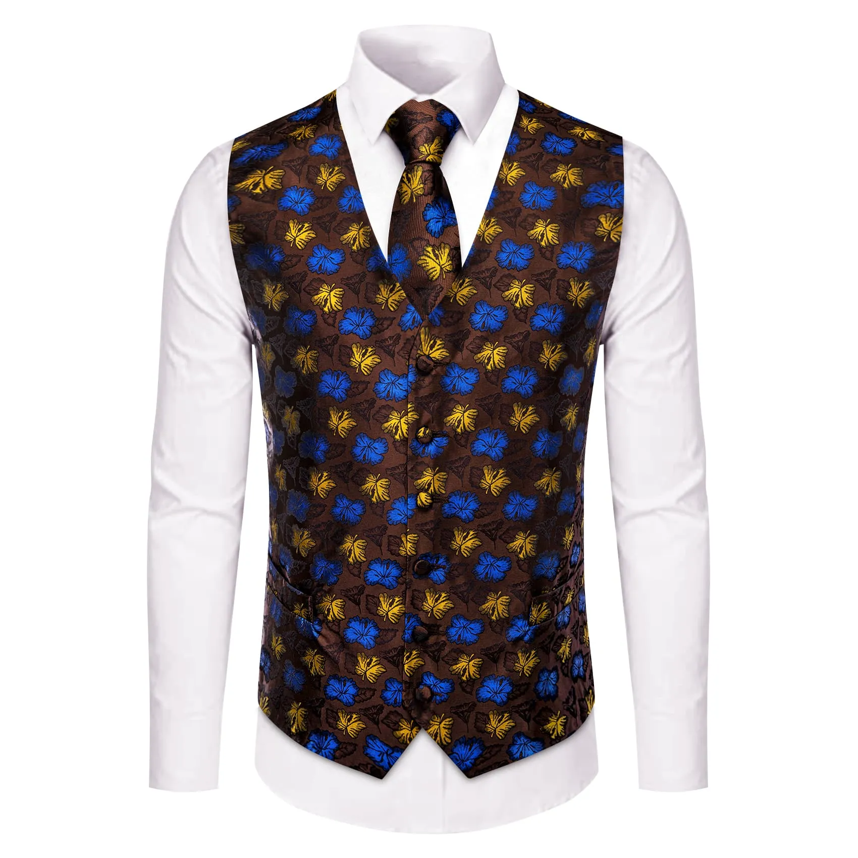 YourTies Mens Brown Waistcoat Yellow Blue Jacquard Floral Vest Tie Set