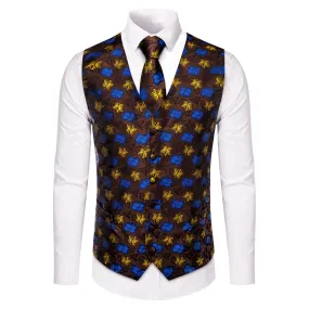 YourTies Mens Brown Waistcoat Yellow Blue Jacquard Floral Vest Tie Set