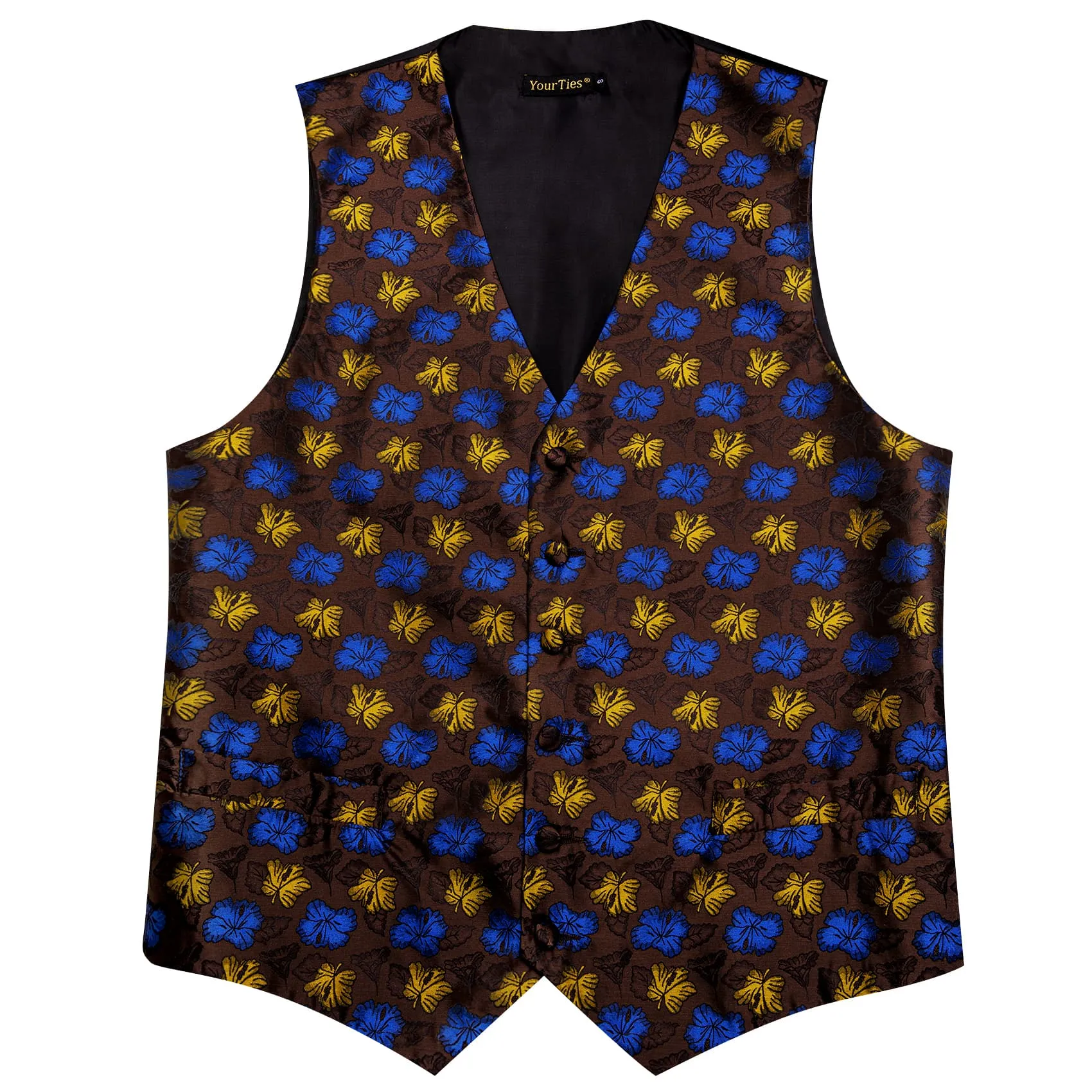 YourTies Mens Brown Waistcoat Yellow Blue Jacquard Floral Vest Tie Set