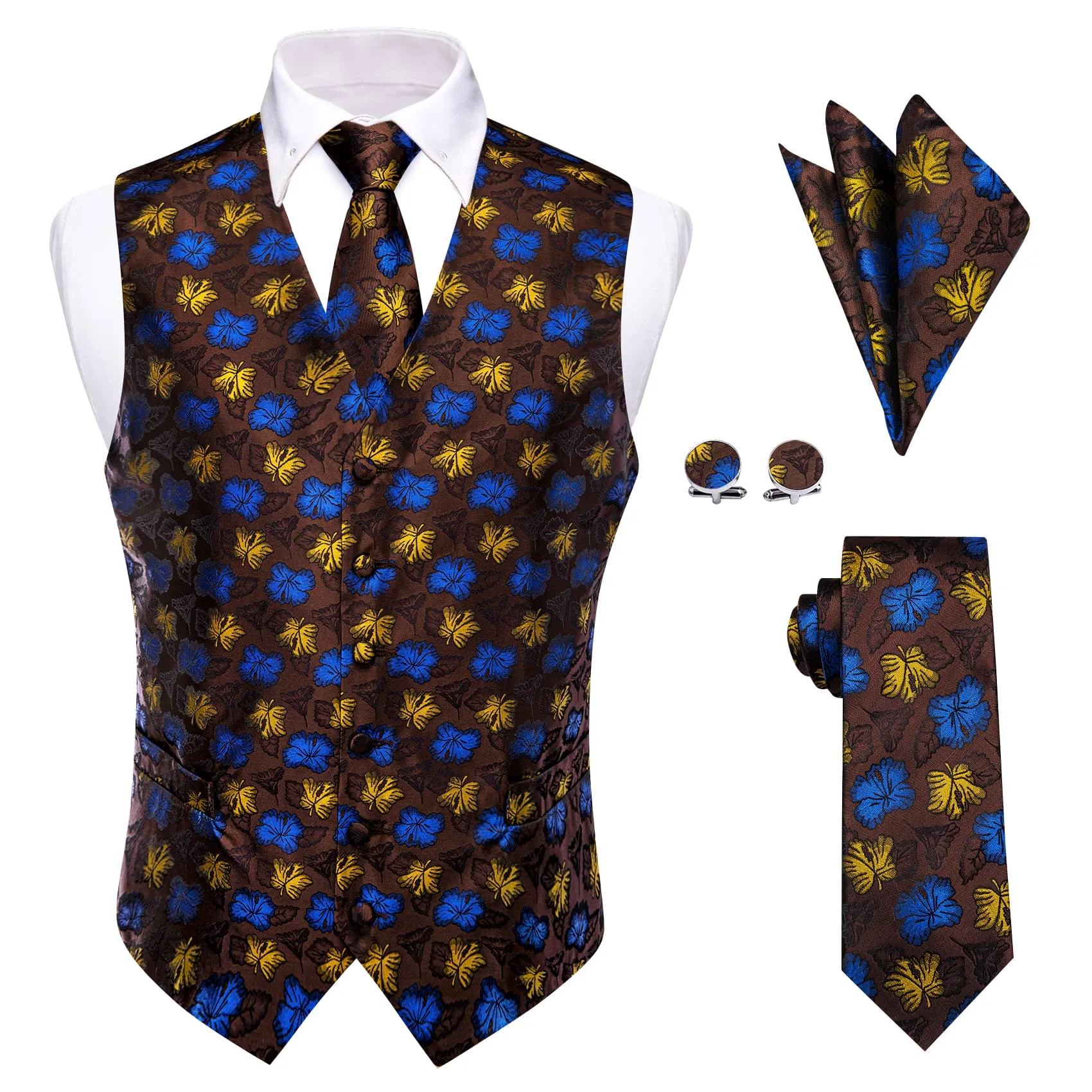 YourTies Mens Brown Waistcoat Yellow Blue Jacquard Floral Vest Tie Set